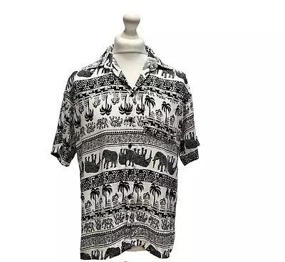 Vintage Black & White Indian Elephant Print Short Sleeve Beach Shirt UK Men's L • £7.49