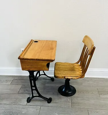 Antique Kenney Bros Cast Iron Wooden School Desk / Chair  1890-1910 • $200