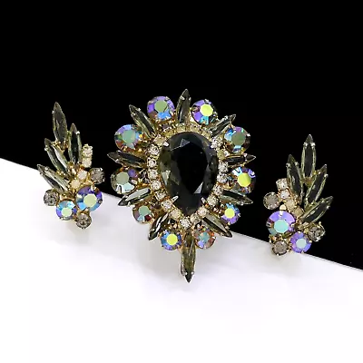 Vintage Juliana Aurora Borealis Navette Rhinestone Pin Brooch Earrings Set • $74.99