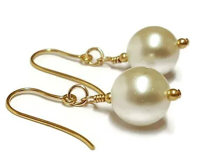 9ct Gold Pearl Earrings Large 12mm White Shell Pearl Drops With Gold Beads • £44.99