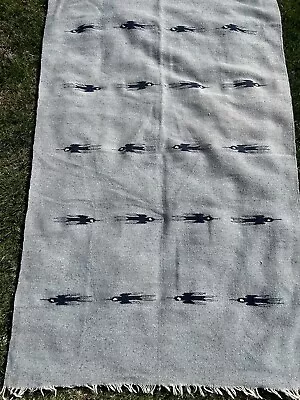 Vintage 70s Southwestern Indian Camp Blanket Serape Thunderbirds Gray Blue Birds • $50