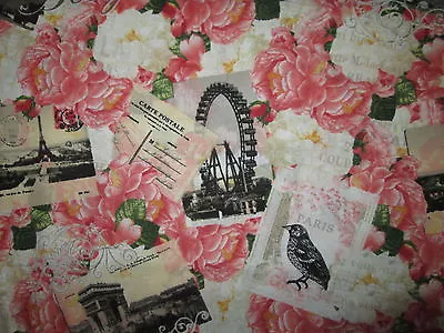  Vintage Paris Bonjour Post Cards Eiffel Tower Flowers Cotton Fabric Fq  • $3.79