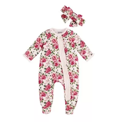 Mud Pie Baby Girls Rose Floral Sleeper With Headband Size 0-3 Months Gift • $28