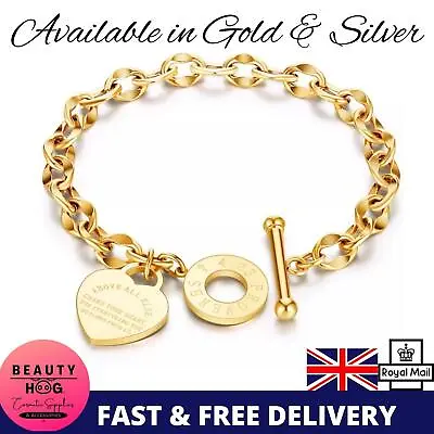 £11.75 • Buy Chunky Charm Bracelet Heart Engraved Bangle Gold Plated Chain Jewellery Love UK