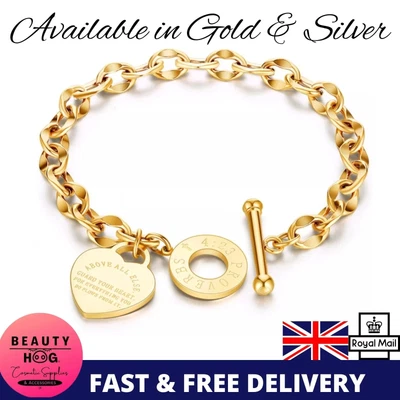 £11.75 • Buy Chunky Charm Bracelet Heart Engraved Bangle Gold Plated Chain Jewellery Love UK