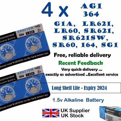 4 X 1.55v Alkaline Battery - AG1 G1A LR621 LR60 SR621 SR621SW 364 - UK Seller • £1.78