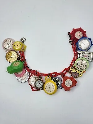 Vintage Cracker Jack Prize Celluloid Plastic Charm Bracelet Time Clocks RARE HK • $179.95