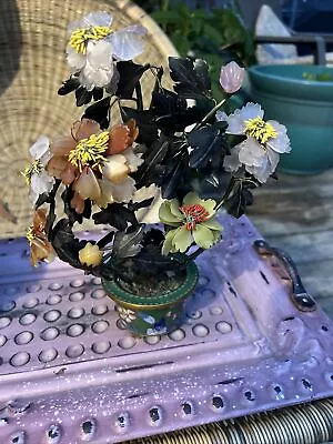 VTG Chinese Jade & Hardstone Bonsai Tree W/Flowers In Cloisonne GreenFloral Pot • $150