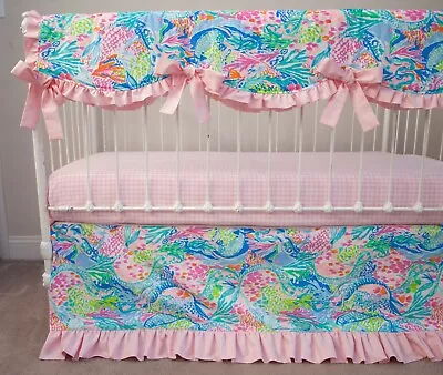 Baby Girl Crib Bedding Set - Pink Lime Mermaid Cove Nursery • $55