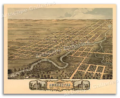 Bird's Eye View 1869 Rochester Minnesota Vintage Style City Map - 16x20 • $13.95