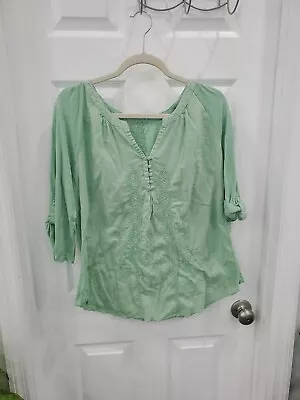 Nine West Vintage America Sz Large Green Pheasant Top V Neck 3/4 Sleeve • $10.25