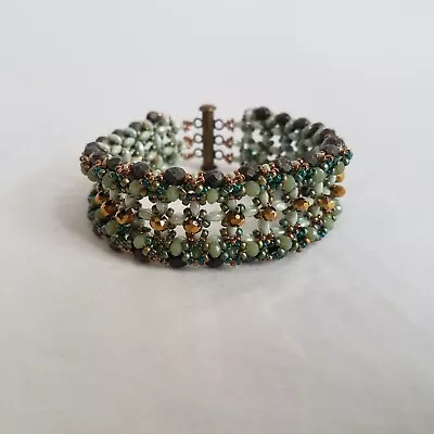 Aqua Blue Green Ornate Weave Beaded Bracelet Bronze Tone 7.5  Vintage Look • $14.95