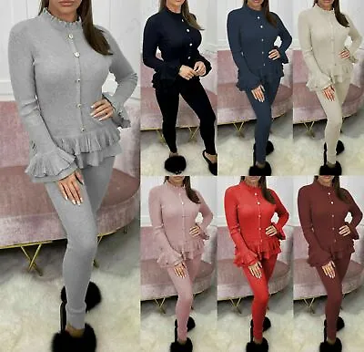 £19.95 • Buy Womens Fine Ribbed Frill Peplum Gold Button Ladies Loungewear Suit Tracksuit Set