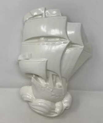 Ship Boat Wall Pocket Vase. Ceramic Unicorn Nautical Sea Vtg 11  Tall Mcm White  • £44.99