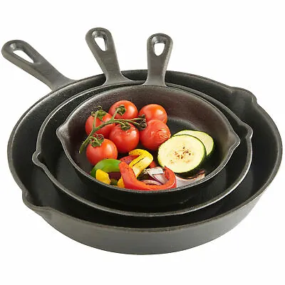 £18.09 • Buy 3PCS Cast Iron Stick Frying Pan Pre Seasoned BBQ Griddle Skillet Grill Set
