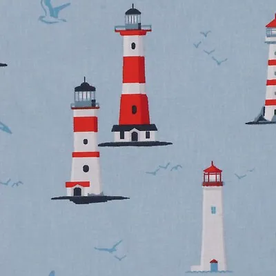Nash Lighthouse Blue Fabric 160cm Cotton Nautical Coastal Beach Cushions Curtain • £1.99