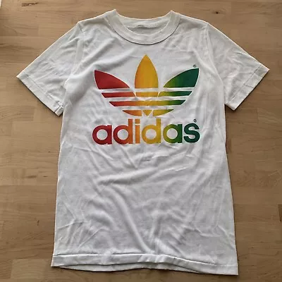 VTG 70s 80s Adidas Rainbow Trefoil Logo T-shirt Small 50/50 3D Emblem Tropix Tog • $8.50