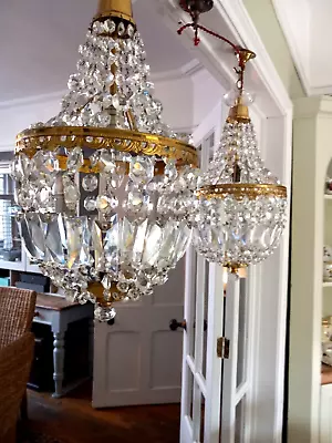 Beautiful Pair Mid Century Large  Tent Bag Crystal Chandelier • £79.99