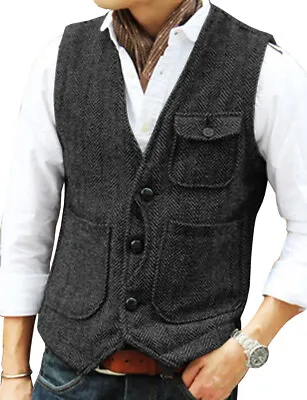 Men's Vest Tweed Single-breasted Vest Men's Suit British Retro Vest Steampunk • $49.56