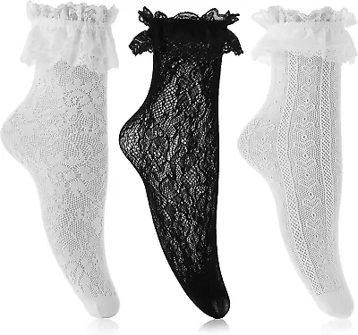 $9.91 • Buy 3Pcs Lace Ruffle Ankle Socks For Women, Lace Trim Frilly Socks Comfortable Socks