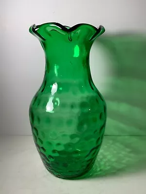 Vintage Fenton Emerald Green Blown Glass Coin Dot Ruffle Vase 10in. • $100