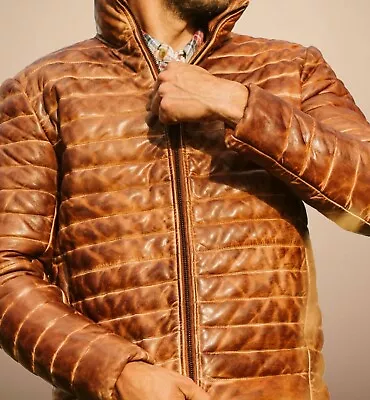 Men's Puffer Jacket Real Lambskin Leather Jacket TAN Color With Waxing • $99