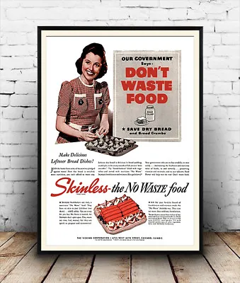 Dont Waste Food : Vintage Wartime Advert Reproduction Poster Wall Art. • £5.09