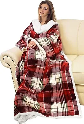 Wearable TV Blanket With Sleeves Arms Warm Micro Plush Sherpa Fleece Red Plaid • $44.99
