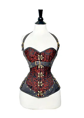 Stylish And Ravishing New Best Steam Punk Brown +Gold+Red Brocade/Leather Corset • $109.99