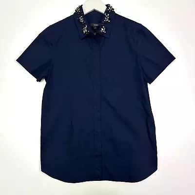 J.crew Embellished Jewel Collar Short Sleeve Button Up Navy Blue Size 4 Small • $19.60