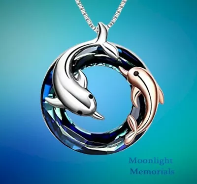 New Dolphin Crystal Cremation Urn Keepsake Ashes Silver Memorial Necklace • $14.95