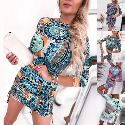 Womens Sexy Printed Mini Dress Bodycon Ladies Long Sleeve Cocktail Party Dresses • £1.79
