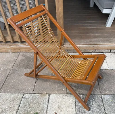 Vintage Chinese Slatted Bamboo Deck Sling Solid Wood Folding Lounge Chair MCM • $499.95