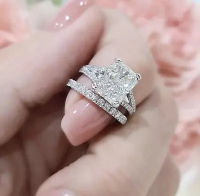 3 Ct Radiant Cut VVS1 Moissanite Bridal Set Wedding Ring 14K White Gold Plated • $182.59