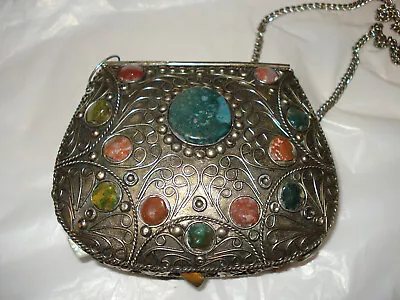 Vintage India Hand Bag Metal Beads And  Stones Pouch 5  Widest 4  H • $29.99