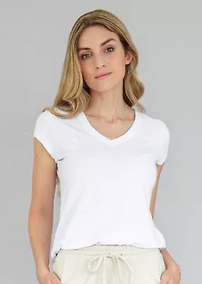 ZENARA WOMAN ZF004 Zafiro V-neck Pima Cotton T-shirt In White $60 Sz S  • $15