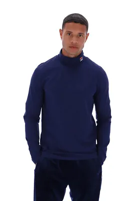 £46.99 • Buy Fila Mens Jumper 19th Roll Neck Vintage Collection Logo Sweater In Peacoat Blue
