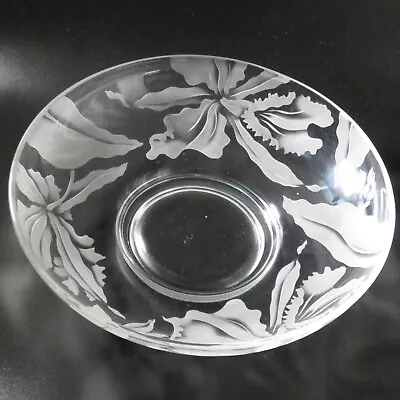 Vintage Hawaiian Etch Glass Bowl Orchid Deep Etch Centerpiece Bowl 12  • $40