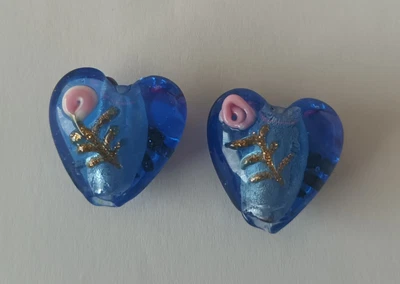 £1.50 • Buy 20mm Hand Painted Blue Glass Heart Beads Roses Jewellery Making Crafts
