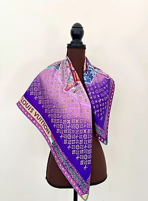 Display Louis Vuitton Scarf Monogram Map Square Purple Multicolor Silk Wrap • $269.90