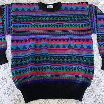 VTG Meister Sweater Wool Blend Ski Nordic Stripe Green Blue Multicolor Large • $24.95