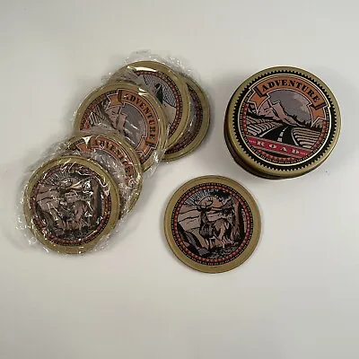 VTG Coaster Set Hallmark Adventure Road Man Cave 6 Metal & Cork With Storage Tin • $4