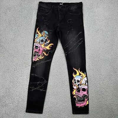 Motive Denim Jeans Embellished Rhinestones Skull Flame Graphic Black Size 34x32 • $17.99