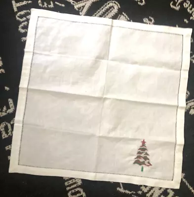 NEW Vtg 10  Square White LINEN Tablecloth TOPPER Xmas Tree Embroidery Napkin A • $14.24