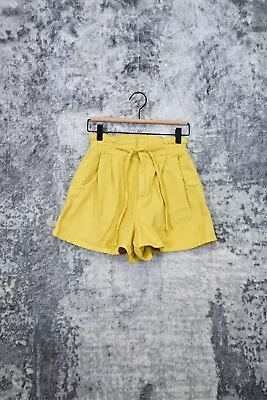 Zara Paperbag Drawstring Waist High Rise Yellow Denim Shorts Size XS • $5.99