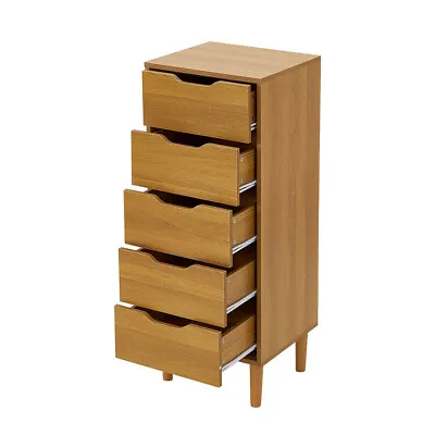 Tallboy Chest Of 5 Drawers Solid Wooden Tall Narrow Bedroom Bathroom Oak Colour • £95.99