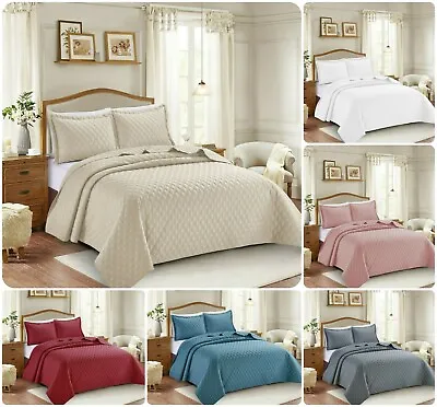 3 Piece Embossed Quilted Bedspread Throw Comforter With Pillow Shams Bedding Set • £29.59