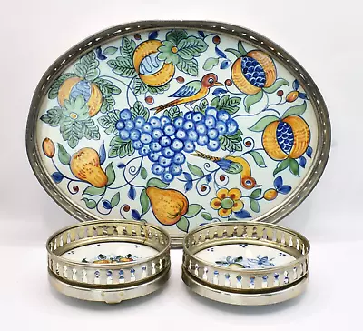 3 Signed HARLINGEN Hand Painted Dutch Delft Polychrome Flowers Galley Tray LOT • $155