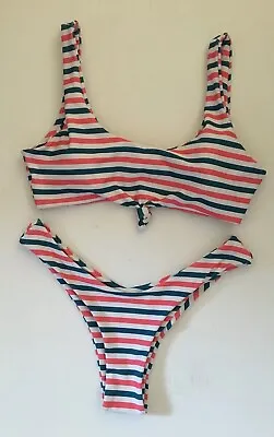 ZAFUL Swimwear Two Piece High-Cut Bikini Stripe White Green Pink Sz 6 US M • $12