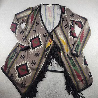 Toska Cardigan Womens Large Multicolor Aztec Print Open Front Fringed Tribal • $29